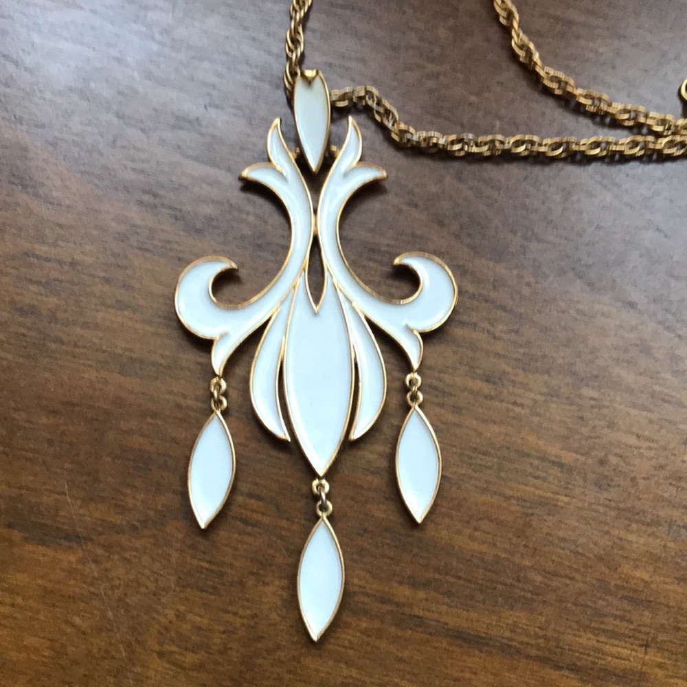 Trifari Vintage Super Long Goldtone and White Pendant Statement Necklace